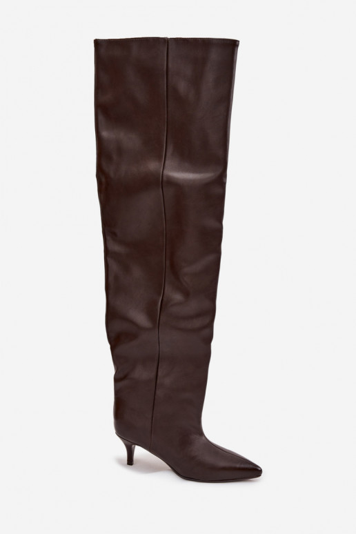 Įsispiriami moteriški ilgaauliai batai su plonais kulniukais šokolado spalvos Ysolienne