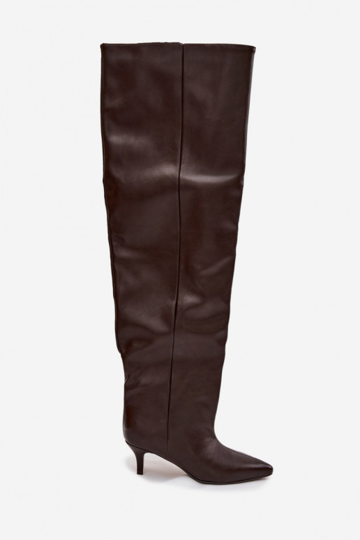 Įsispiriami moteriški ilgaauliai batai su plonais kulniukais šokolado spalvos Ysolienne