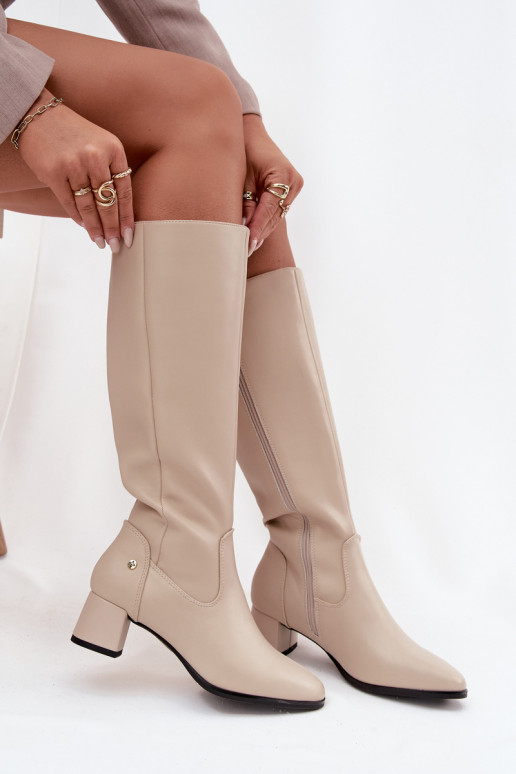 Oda pašiltinti moteriški ilgaauliai batai su kulniukais Tai turiciejka A7165-04 smėlio spalvos