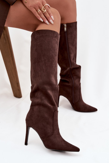 pašiltinti moteriški ilgaauliai batai su plonais kulniukaissuiš eko zomšosu CzekoladoĮe Rosavine