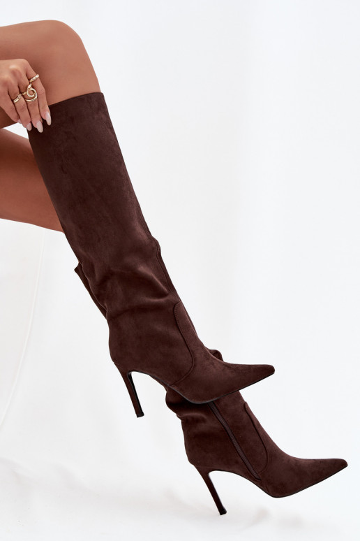 pašiltinti moteriški ilgaauliai batai su plonais kulniukaissuiš eko zomšosu CzekoladoĮe Rosavine