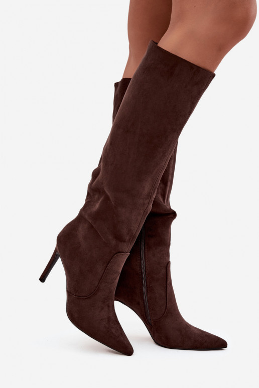 pašiltinti moteriški ilgaauliai batai su plonais kulniukaissuiš eko zomšosu CzekoladoĮe Rosavine