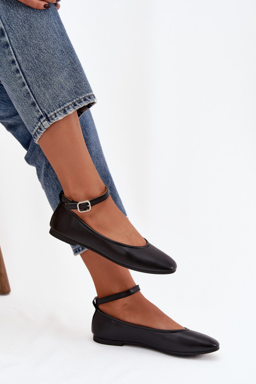 Balerinos Moteriškas su dirželiais I su sagtimis juodos spalvos Janelor