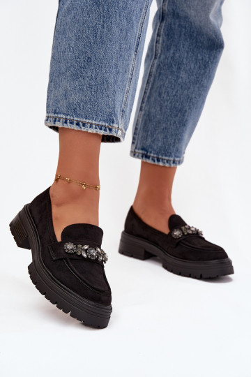 moteriški mokasinai su spindinčiomis akutėmis iš eko zomšosoĮe juodos spalvos Lavisse