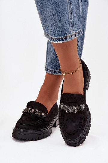 moteriški mokasinai su spindinčiomis akutėmis iš eko zomšosoĮe juodos spalvos Lavisse 2