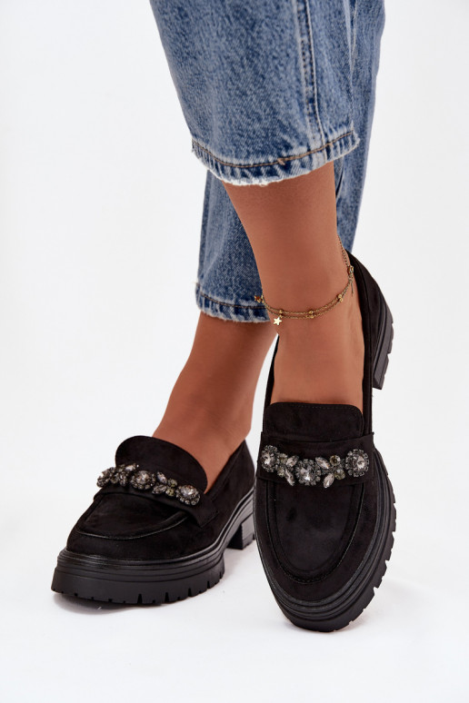 moteriški mokasinai su spindinčiomis akutėmis iš eko zomšosoĮe juodos spalvos Lavisse