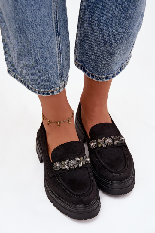 moteriški mokasinai su spindinčiomis akutėmis iš eko zomšosoĮe juodos spalvos Lavisse