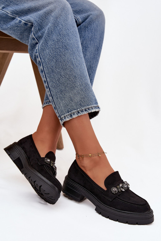 moteriški mokasinai su spindinčiomis akutėmis iš eko zomšosoĮe juodos spalvos Lavisse