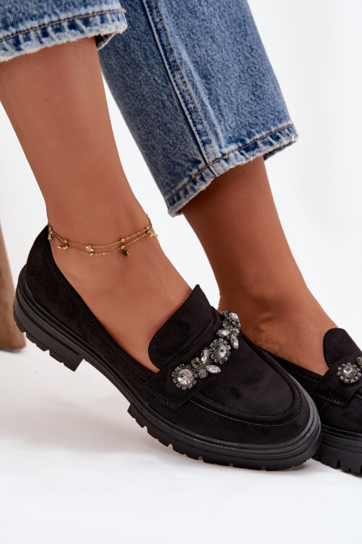 moteriški mokasinai su spindinčiomis akutėmis iš eko zomšosoĮe juodos spalvos Lavisse