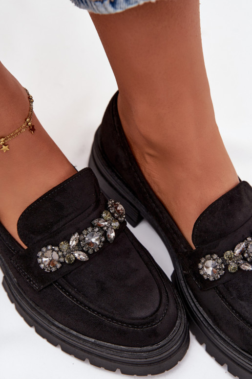moteriški mokasinai su spindinčiomis akutėmis iš eko zomšosoĮe juodos spalvos Lavisse