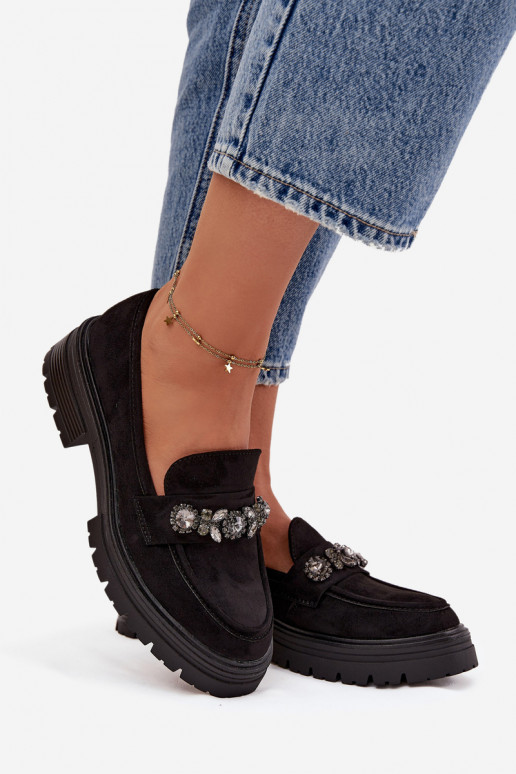 moteriški mokasinai su spindinčiomis akutėmis iš eko zomšosoĮe juodos spalvos Lavisse