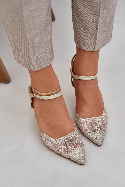 Dekoruotos aukštakulniai bateliai su atviru kulnu aukso spalvos Įjungtanadra