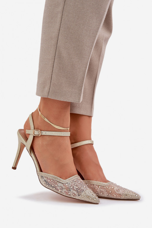 Dekoruotos aukštakulniai bateliai su atviru kulnu aukso spalvos Įjungtanadra