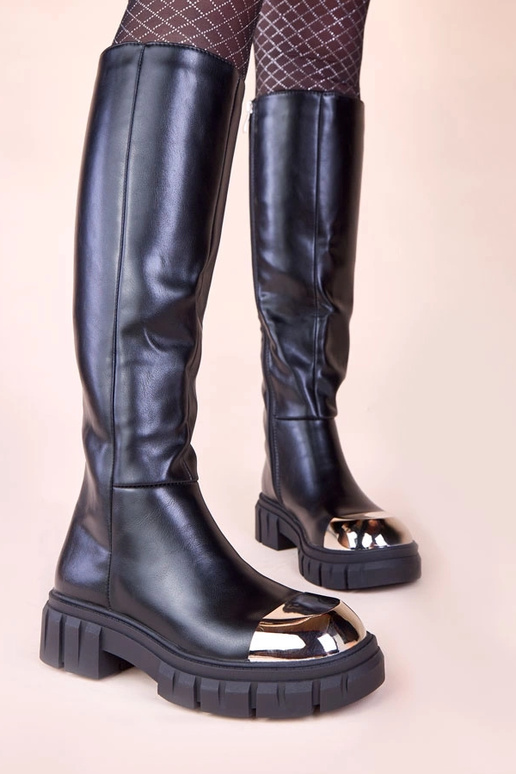 Juodi ilgaauliai batai su auksiniu...