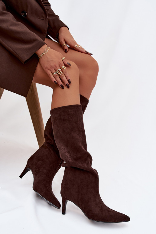 moteriški ilgaauliai batai Įsispiriamo modelio pašiltinti su plonais kulniukais CzekoladoĮe Olivienne