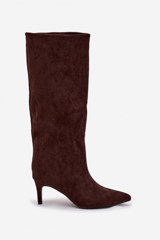 moteriški ilgaauliai batai Įsispiriamo modelio pašiltinti su plonais kulniukais CzekoladoĮe Olivienne