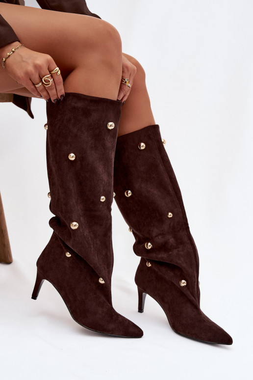 Įsispiriamo modelio moteriški ilgaauliai batai su plonais kulniukais Ze aukso spalvosmi Ozdobami CzekoladoĮe Thaliane