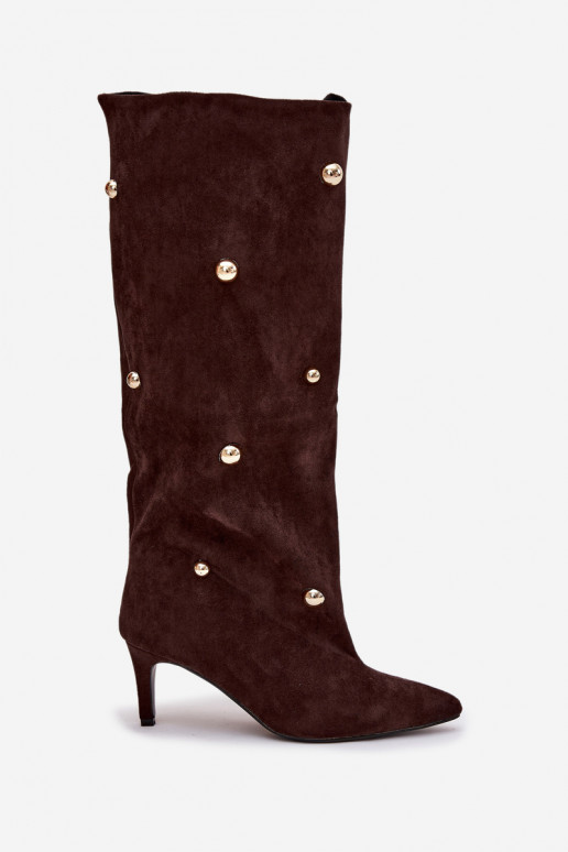 Įsispiriamo modelio moteriški ilgaauliai batai su plonais kulniukais Ze aukso spalvosmi Ozdobami CzekoladoĮe Thaliane