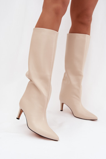 moteriški ilgaauliai batai Įsispiriamo modelio pašiltinti su plonais kulniukais dramblio kaulo spalvos Olivienne