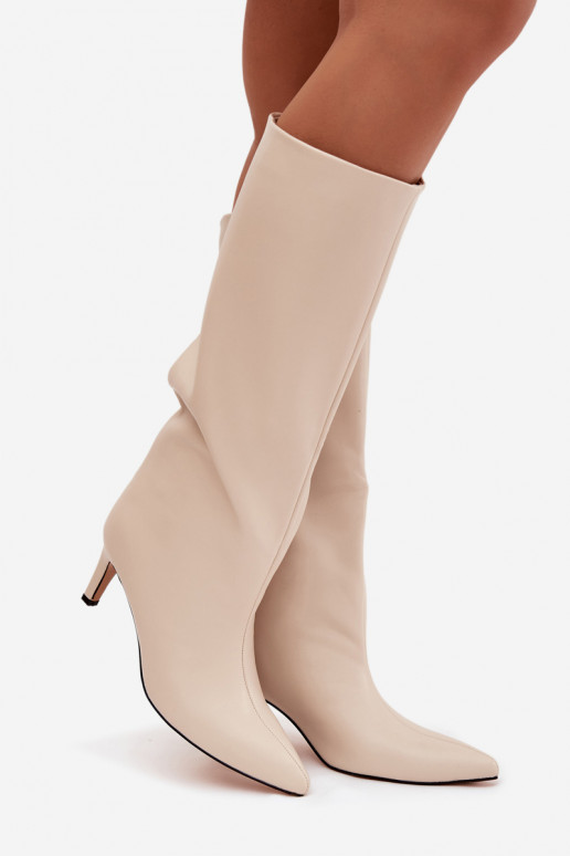 moteriški ilgaauliai batai Įsispiriamo modelio pašiltinti su plonais kulniukais dramblio kaulo spalvos Olivienne