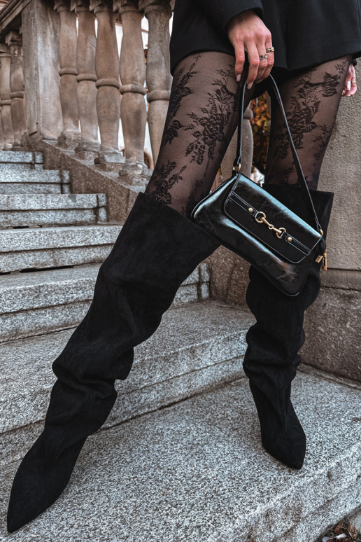 Moteriški ilgaauliai batai su plonais kulniukais įsispiriamo modelio juodos spalvos Taivilla