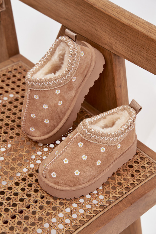 Vaikiški sniego batai su gėlių motyvais ir ausytėmis, pašiltinti kailiuku viduje, Palina, smėlio spalvos