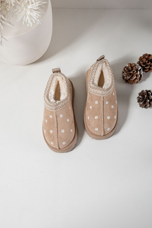 Vaikiški sniego batai su gėlių motyvais ir ausytėmis, pašiltinti kailiuku viduje, Palina, smėlio spalvos