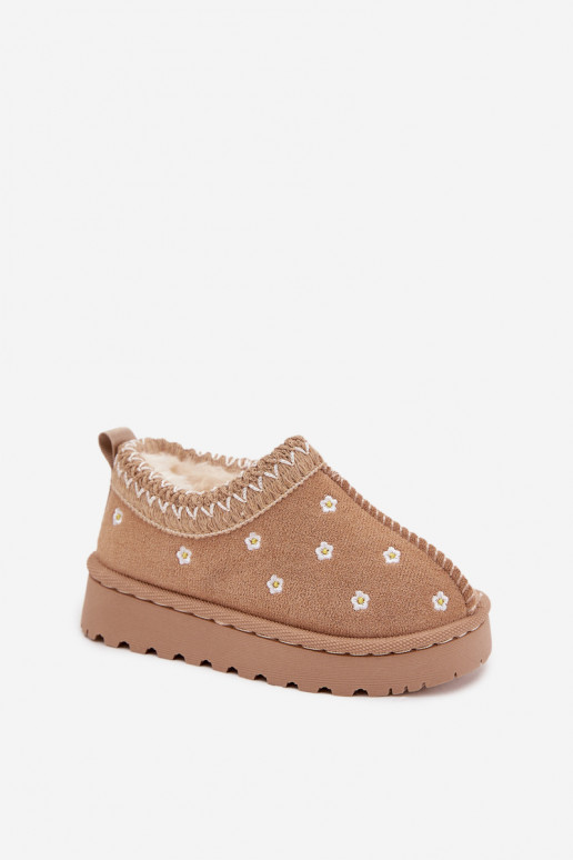 Vaikiški sniego batai su gėlių motyvais ir ausytėmis, pašiltinti kailiuku viduje, Palina, smėlio spalvos