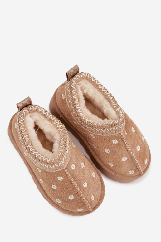 Vaikiški sniego batai su gėlių motyvais ir ausytėmis, pašiltinti kailiuku viduje, Palina, smėlio spalvos