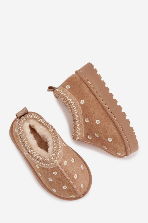 Vaikiški sniego batai su gėlių motyvais ir ausytėmis, pašiltinti kailiuku viduje, Palina, smėlio spalvos