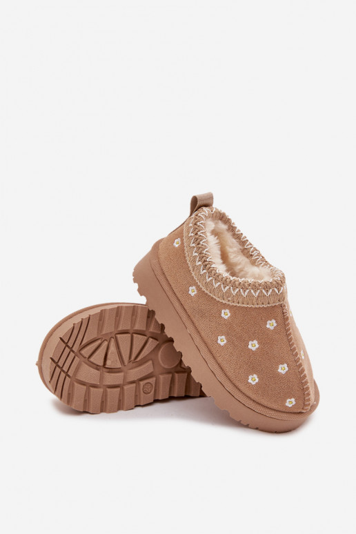 Vaikiški sniego batai su gėlių motyvais ir ausytėmis, pašiltinti kailiuku viduje, Palina, smėlio spalvos