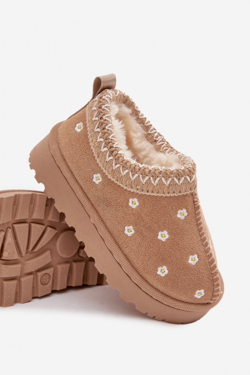 Vaikiški sniego batai su gėlių motyvais ir ausytėmis, pašiltinti kailiuku viduje, Palina, smėlio spalvos