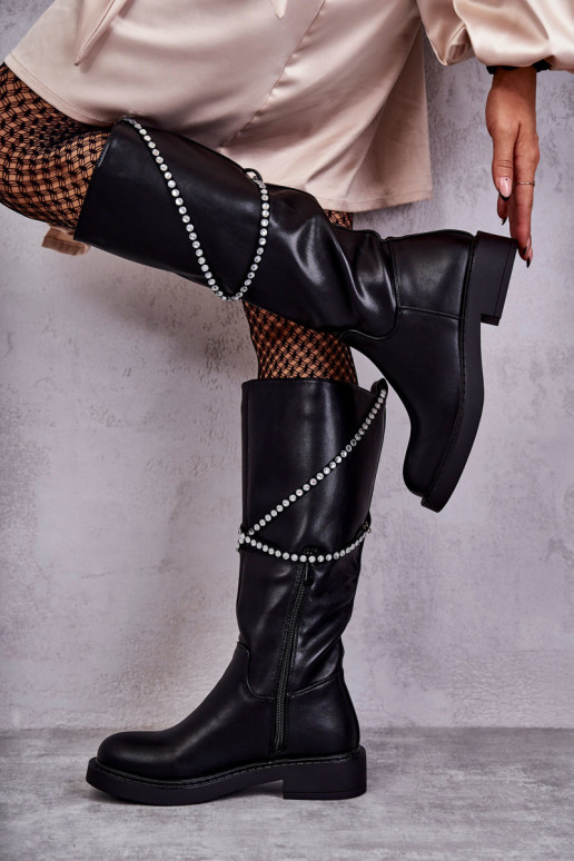 Moteriškas ilgaauliai batai su gražiomis detalėmis juodos spalvos Finlay