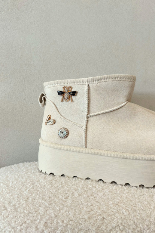 Sniego batai moteriški su platforma ir kabliukais dramblio kaulo spalvos Tai turielle