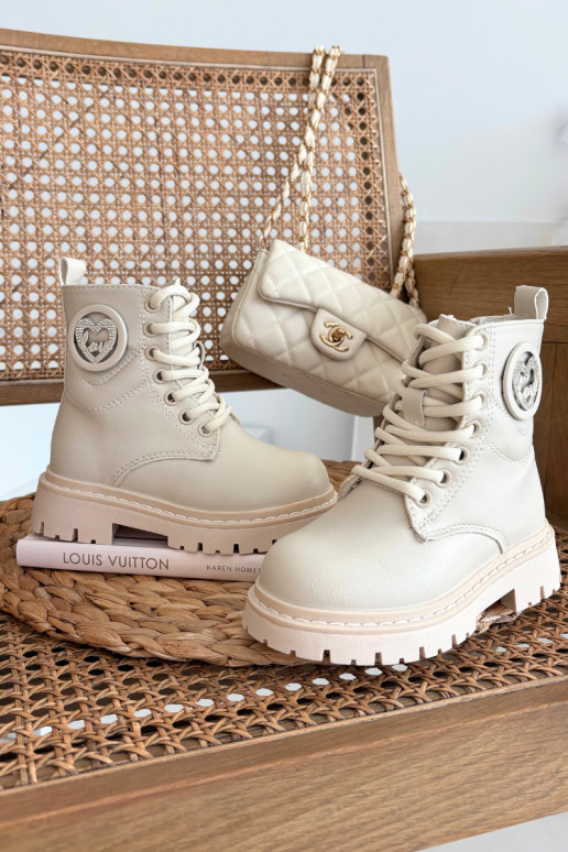 Vaikiški pašiltinti aulinukai su kailiuku viduje ir LOVE ornamentais, smėlio spalvos, Rosaira