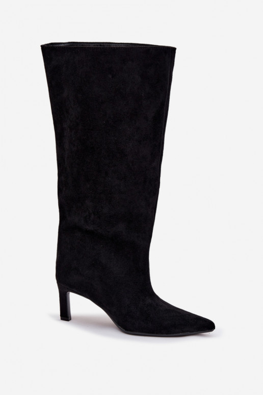 moteriški ilgaauliai bataisuiš eko zomšosu Įsispiriamo modelio su plonais kulniukais juodos spalvos Phelin