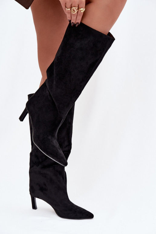 moteriški ilgaauliai bataisuiš eko zomšosu Įsispiriamo modelio su plonais kulniukais juodos spalvos Phelin