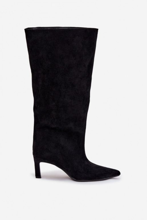 moteriški ilgaauliai bataisuiš eko zomšosu Įsispiriamo modelio su plonais kulniukais juodos spalvos Phelin