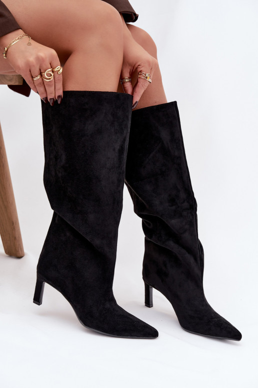 moteriški ilgaauliai bataisuiš eko zomšosu Įsispiriamo modelio su plonais kulniukais juodos spalvos Phelin