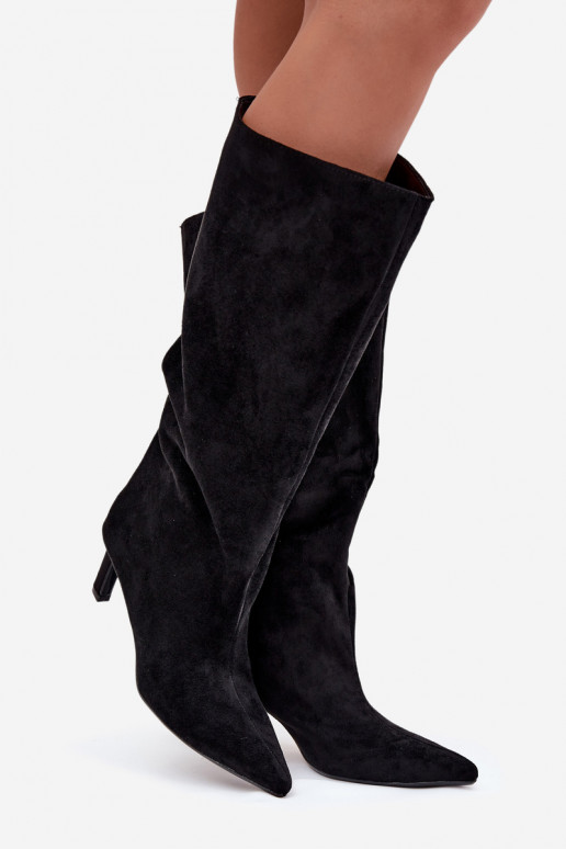 moteriški ilgaauliai bataisuiš eko zomšosu Įsispiriamo modelio su plonais kulniukais juodos spalvos Phelin