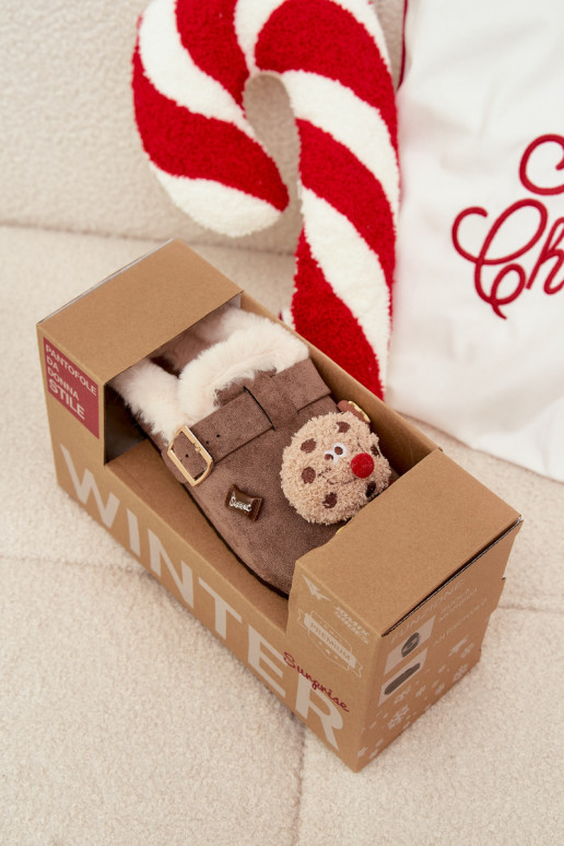 Šlepetės Moteriškas su gražiomis detalėmis I su sagtimis pašiltinti su kailiuku viduje rudos spalvos Thalora