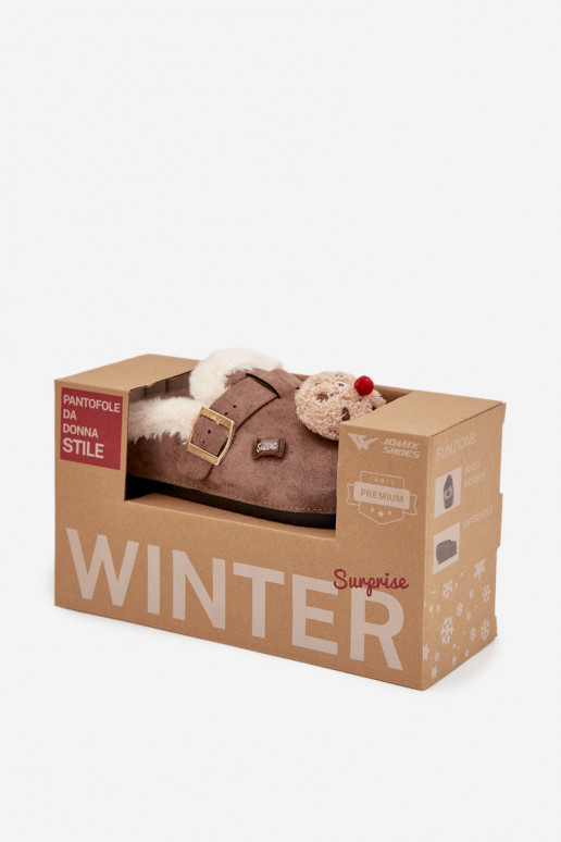 Šlepetės Moteriškas su gražiomis detalėmis I su sagtimis pašiltinti su kailiuku viduje rudos spalvos Thalora