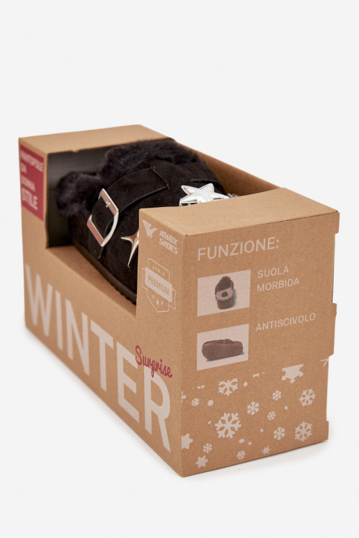 Šlepetės Moteriškas su gražiomis detalėmis I su sagtimis pašiltinti su kailiuku viduje juodos spalvos Thalora