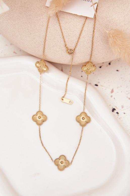 Kaklo papuošalas iš nerūdijančio plienosusu gėlių motyvaisuszkami aukso spalvos