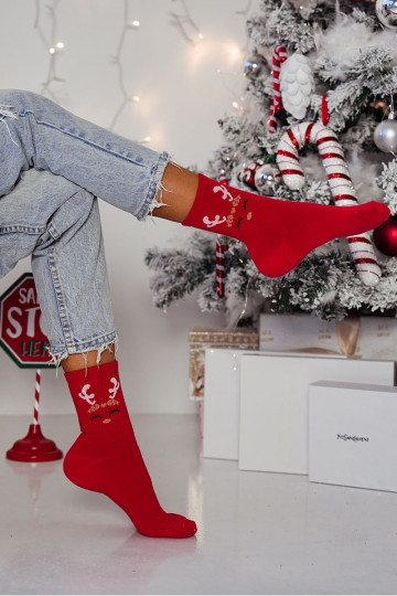 Moteriškos kojinės „Christmas" su Šiaurės elniais raudonos spalvos