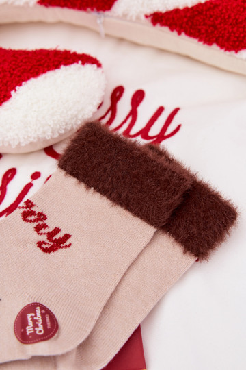 Kalėdinės kojinės Vaikiški su kailiuku Ir šiaurės elniai INełna Alpaka smėlio spalvos