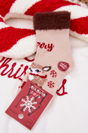 Kalėdinės kojinės Vaikiški su kailiuku Ir šiaurės elniai INełna Alpaka smėlio spalvos 2