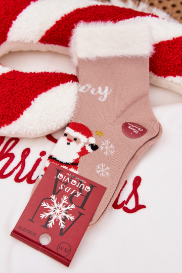 Kalėdinės kojinės Vaikiški su kailiuku I Santa Clausem INełna Alpaka smėlio spalvos 2