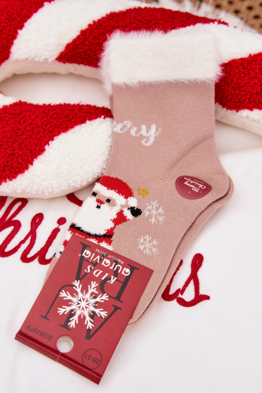 Kalėdinės kojinės Vaikiški su kailiuku I Santa Clausem INełna Alpaka smėlio spalvos