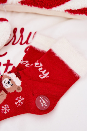 Kalėdinės kojinės Vaikiški su kailiuku I Meškiukaim I INełna Alpaka raudonos spalvos